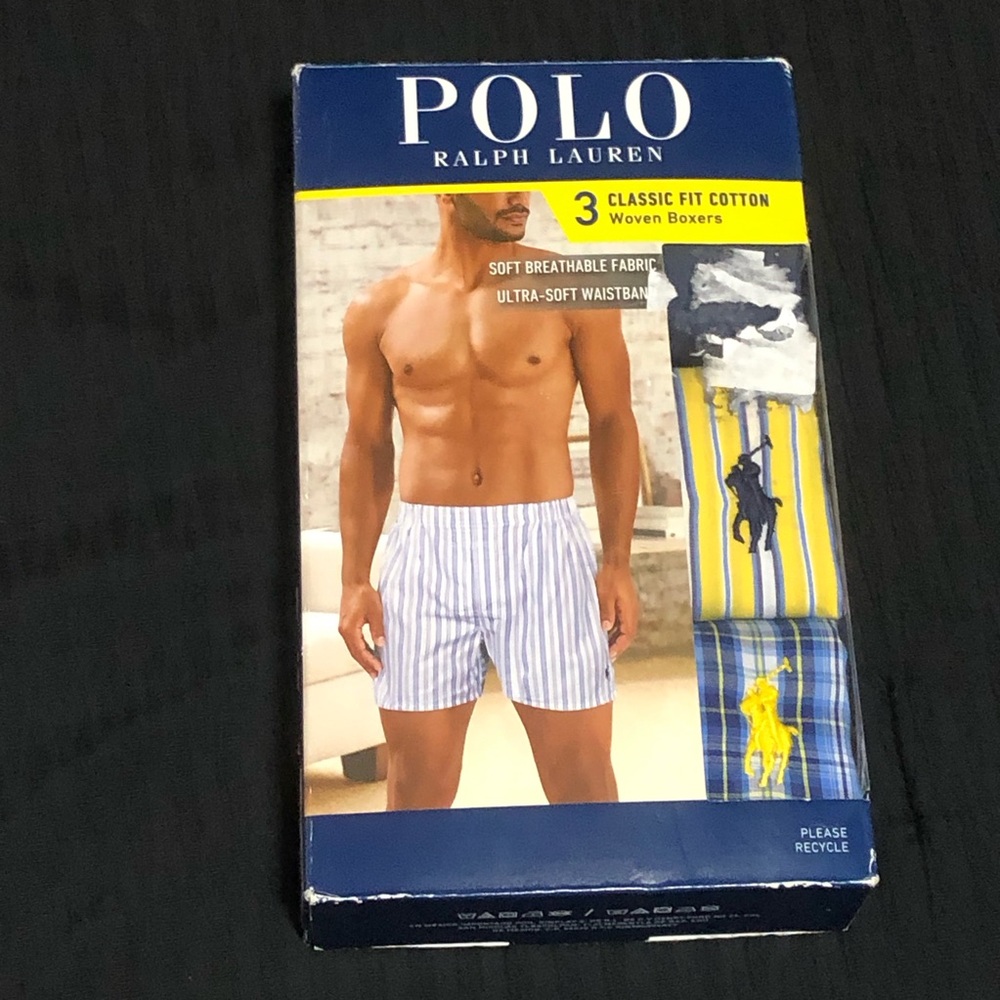 Polo Ralph Lauren Mens 3-Pack Classic Fit, Size Medium Woven Boxers Blue Yellow